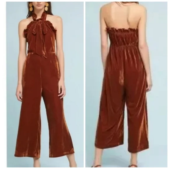 NWT (Flawed) Anthropologie Kristinit Gold Velvet Wide Leg Jumpsuit - Picture 2 of 15